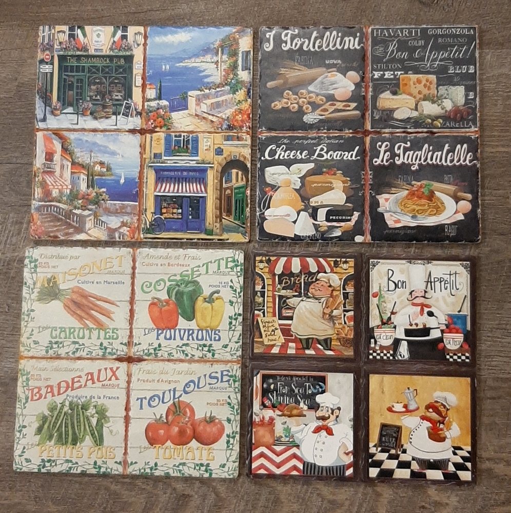 Set of 4 Ceramic Trivet Tiles Cork Back With European Scenes 7 3/4" x 7 3/4"